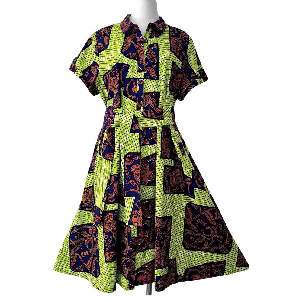Rahyma Short Sleeve Button-Down Midi Dress African Mixed Print Cotton XXXL